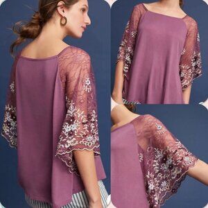 Anthropologie Akemi + Kin Bat Wing Top Women XXS Sheer  Mesh Embroidered Sleeves